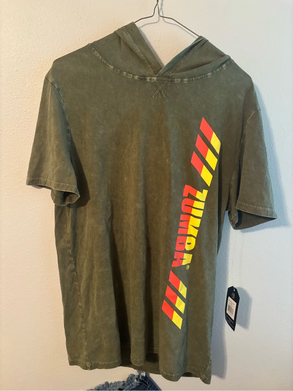 Zumba Fitness Men's Olive Graphic Hooded Tee - Olive with Red & Yellow medium